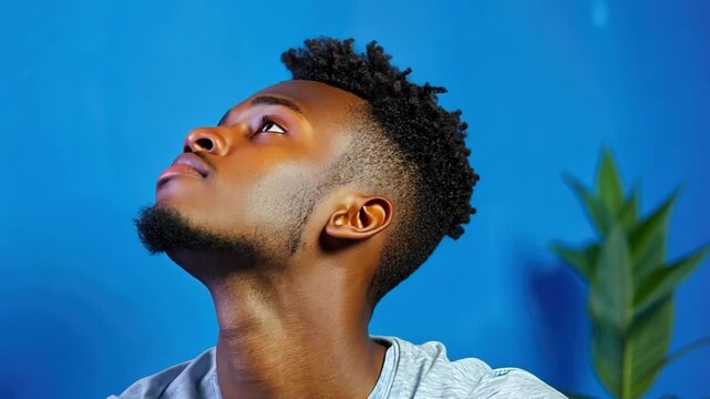 A young man watching a live-streamed masterclass on personal development and motivation.
