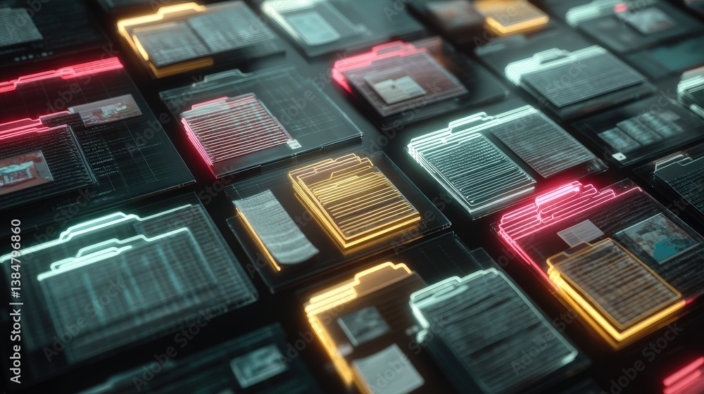 Poster abstract network grid with files and folders, futuristic software interface, digital document manage