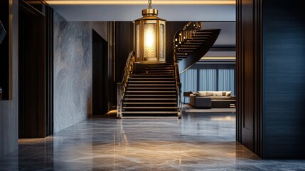 A luxurious modern entryway featuring a gold lantern chandelier suspended above a grand staircase its warm light enhancing the marble flooring and dark wood accents