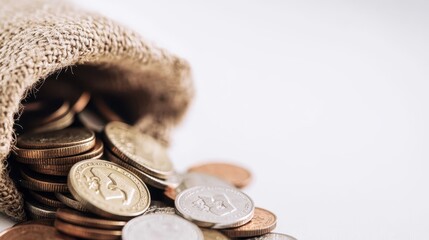 Overflowing burlap sack with assorted coins on a light background