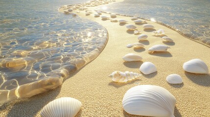 A tranquil beach scene where a winding path of golden sand stretches into shallow, crystal-clear waters. Seashells and smooth pebbles dot the path, glistening under the warm glow of the afternoon sun.
