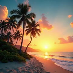 Obraz premium Towering tree stands amidst palm trees on deserted beach with warm sunset glow, sky, palm