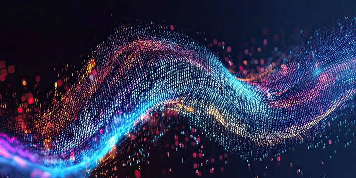 Dynamic digital wave with binary code, creating a futuristic background