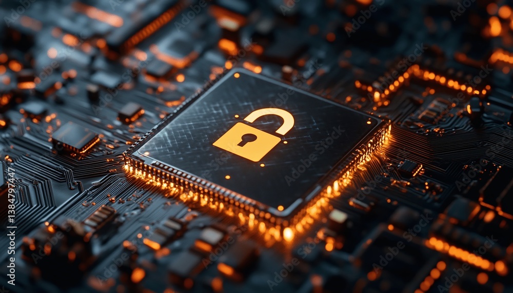 Poster Data Security Concept: Padlock on Microchip