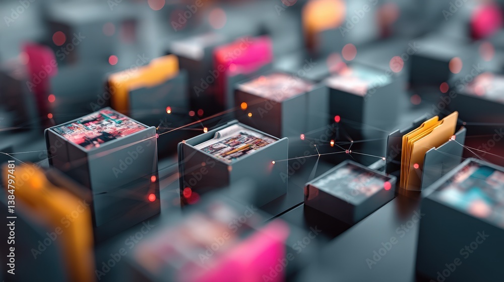 Poster abstract network grid with files and folders, futuristic software interface, digital document manage