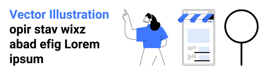 Woman gesturing, mobile storefront interface, and a magnifying glass. Ideal for tech, e-commerce, research, online shopping, UIUX, marketing simple landing page