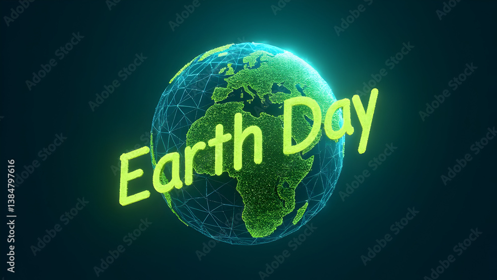 Poster futuristic earth day concept with glowing digital globe and neon green text on dark background – env