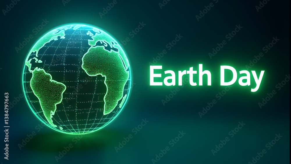 Poster futuristic earth day concept with glowing digital globe and neon green text on dark background – env