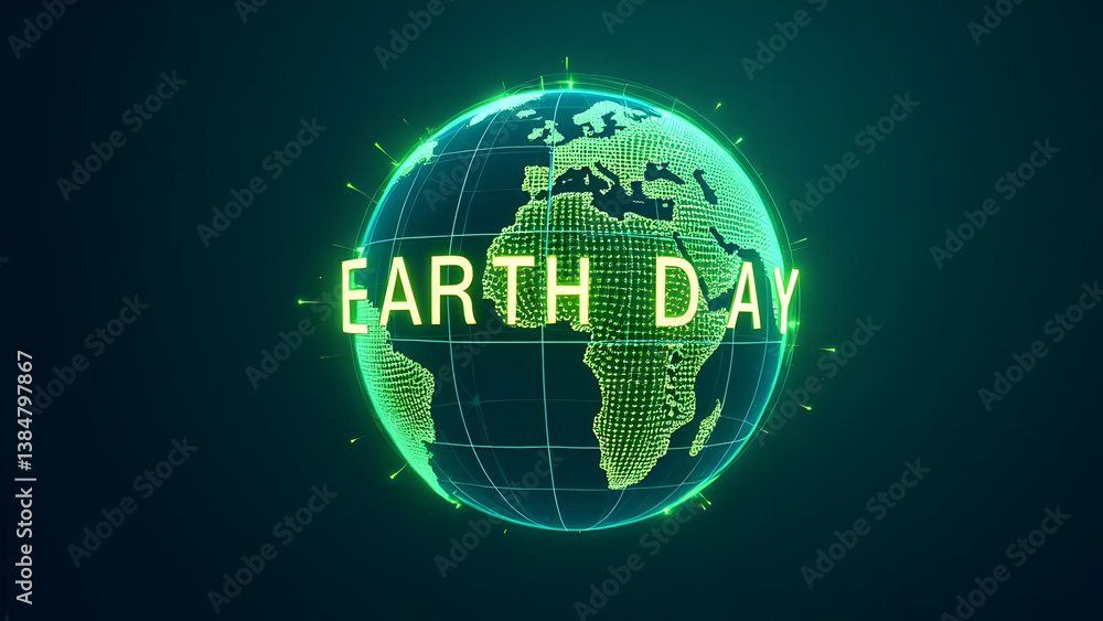 Poster futuristic earth day concept with glowing digital globe and neon green text on dark background – env