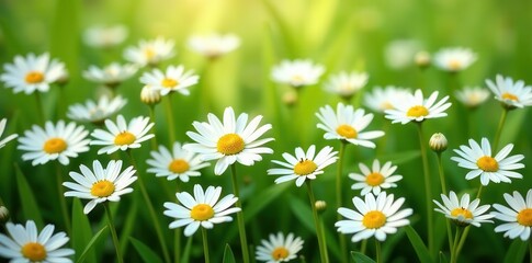 Fototapeta premium Dense carpet of daisies, vibrant white petals against green, wildflowers, dense, field