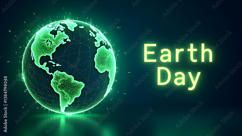 Aufkleber futuristic earth day concept with glowing digital globe and neon green text on dark background – env