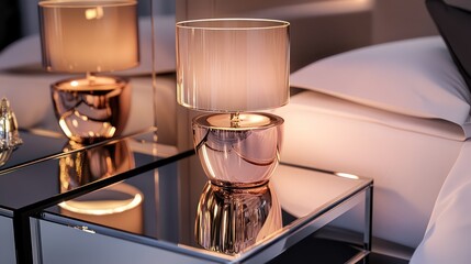 A metallic rose gold table lamp with a simple glass shade on a sleek mirrored nightstand reflecting soft ambient light