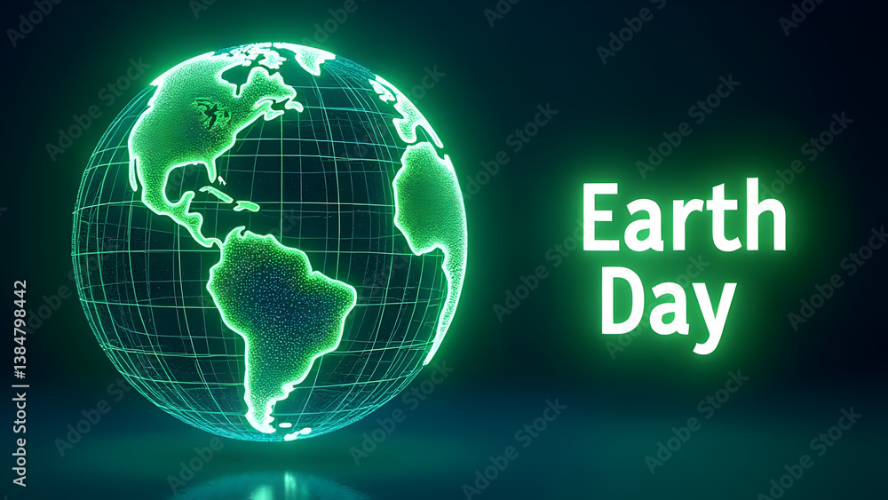 Poster Futuristic Earth Day Concept with Glowing Digital Globe and Neon Green Text on Dark Background – Environmental Awareness, Technology for Sustainability, Global Eco Innovation, Digital Nature Concept.