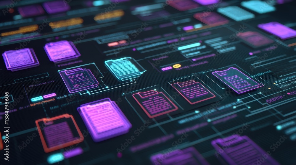 Poster abstract network grid with files and folders, futuristic software interface, digital document manage