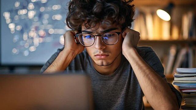 Focused student solving equations at a cluttered desk