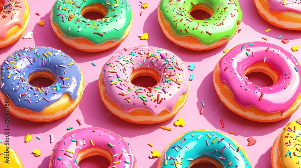 Aufkleber Colorful donuts with rainbow frosting and sprinkles create a lively pop-art display on a bright background