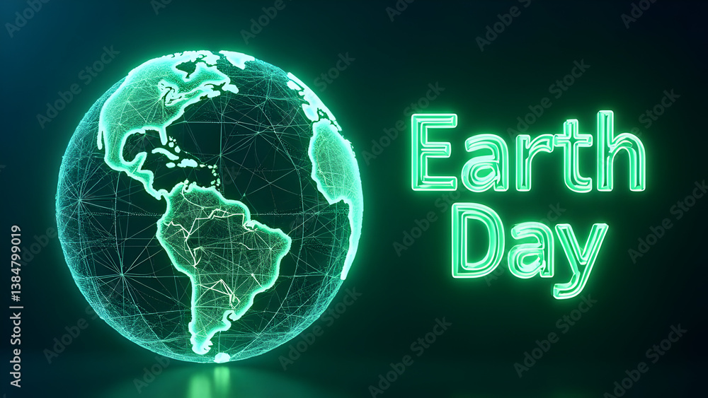 Poster futuristic earth day concept with glowing digital globe and neon green text on dark background – env