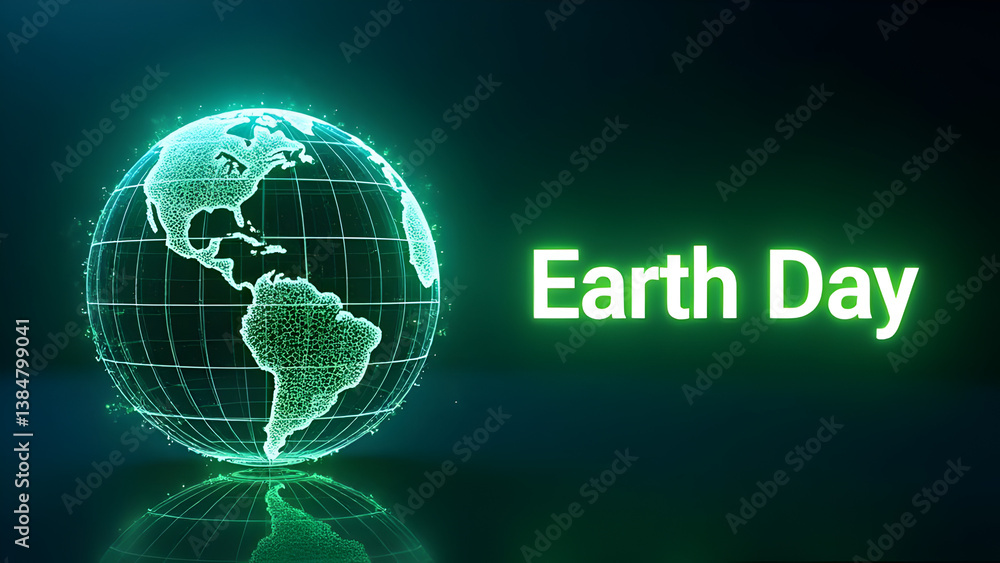 Poster futuristic earth day concept with glowing digital globe and neon green text on dark background – env
