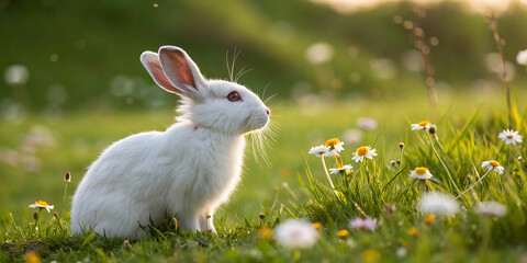 Adorable White Rabbit in a Beautiful Garden Surrounded by Green Grass and Colorful Flowers