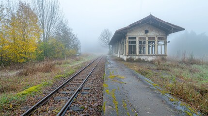 Obraz premium Foggy autumn morning at abandoned railway station.