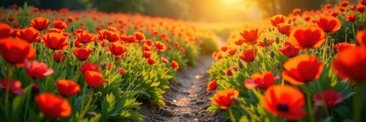 Narrow trail winds through a sea of blossoming poppies, sunlight illuminating petals , light, field