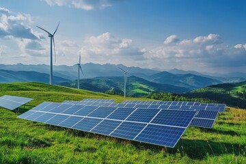 Solar panels and windmills on a grassy hill with mountains behind it. This shows sustainable energy powering the future, clean earth.