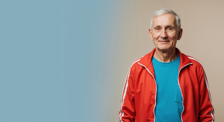 Smiling senior man in red sports jacket with turquoise tshirt against gradient background. Active lifestyle and athletic fashion concept for elderly fitness motivation