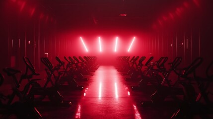 A modern gymnasium interior with exercise equipment and bright red lighting