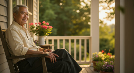 Asian senior man sitting on porch chair enjoying sunset view. Peaceful retirement lifestyle and nature appreciation concept for elderly wellbeing