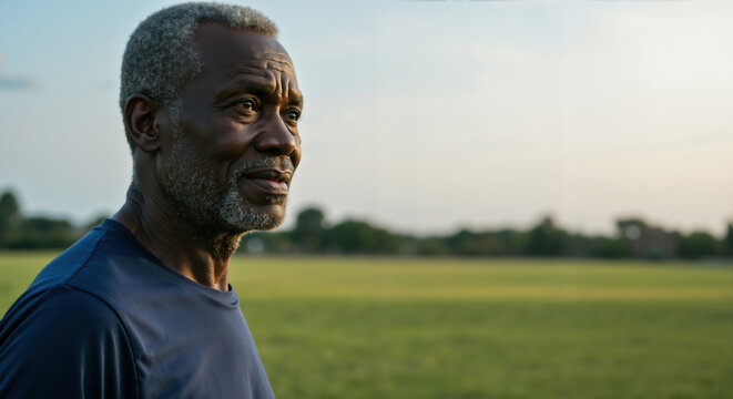 African American senior man with gray beard looking at field horizon. Peaceful contemplation and wisdom concept for elderly wellness campaigns