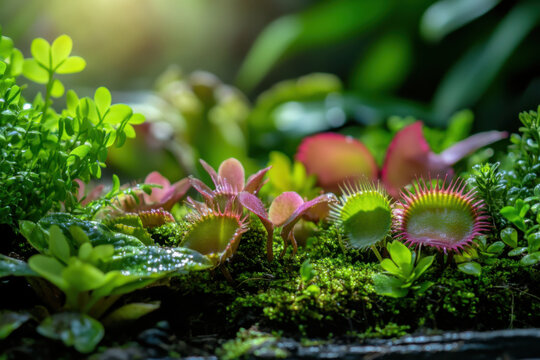 Carnivorous venus flytrap plants growing in a terrarium