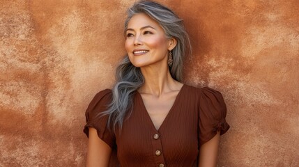Fototapeta premium portrait of a serene woman with long gray hair against an earthy textured backdrop radiating effortless beauty and mature charm