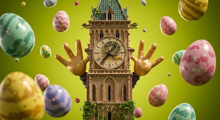 Clock Tower with Hands and Easter Eggs Floating on Green