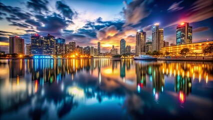 Fototapeta premium City Night Reflections - Urban Lights Mirrored in Still Water