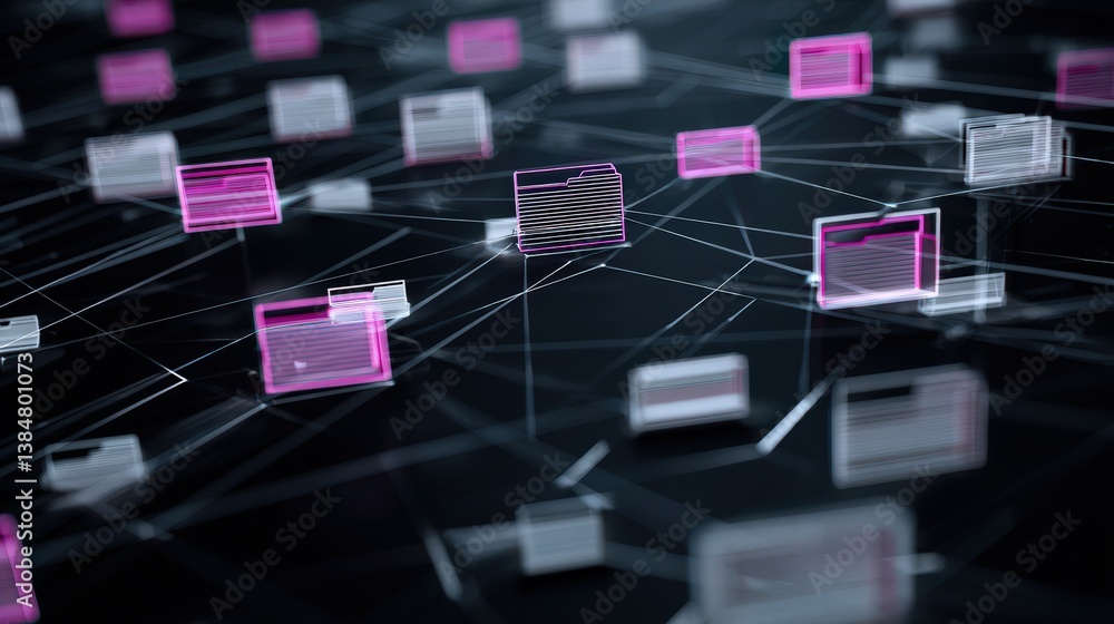 Poster abstract network grid with files and folders, futuristic software interface, digital document manage