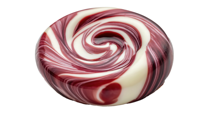 A glossy, swirled lollipop with red and white stripes, isolated on a white background.

