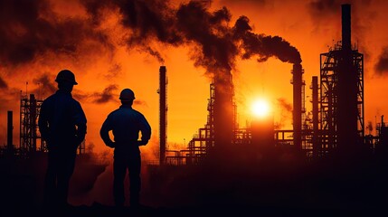 Industrial workers stand watch over a large refinery at sunset, amidst plumes of smoke