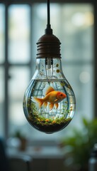 Obraz premium Goldfish inside a creative light bulb aquarium with glowing lamp and decorative plants in a modern interior setting