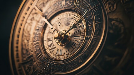 Fototapeta premium Ornate Bronze Clock Face Detail with Roman Numerals and Intricate Metalwork