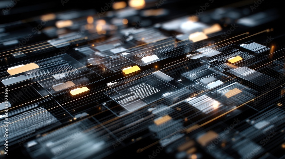 Poster abstract network grid with files and folders, futuristic software interface, digital document manage