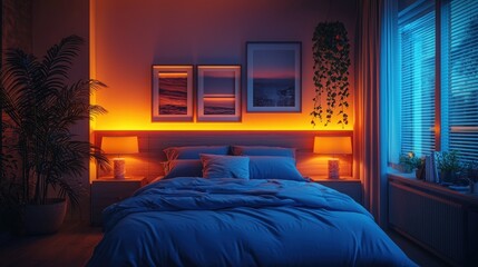 Serene bedroom interior with ambient orange lighting and cool blue tones for relaxation