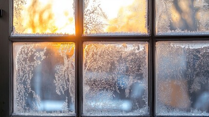 Frosty winter sunrise seen through a window pane.