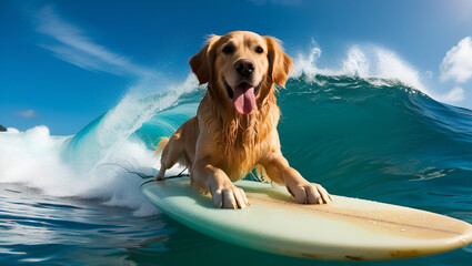 Happy dog surfing across the ocean, with splashing waves and sunny skies. Beach vibes and fun.