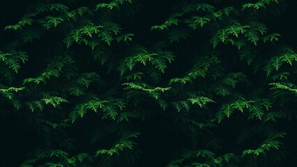 A lush seamless pattern of green pine or cedar tree branches over a dark background. This natural, moody foliage texture is perfect for eco-friendly designs, backgrounds or fabric prints.