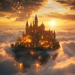 Enchanted Castle in the Clouds at Sunset with Magical Elements
