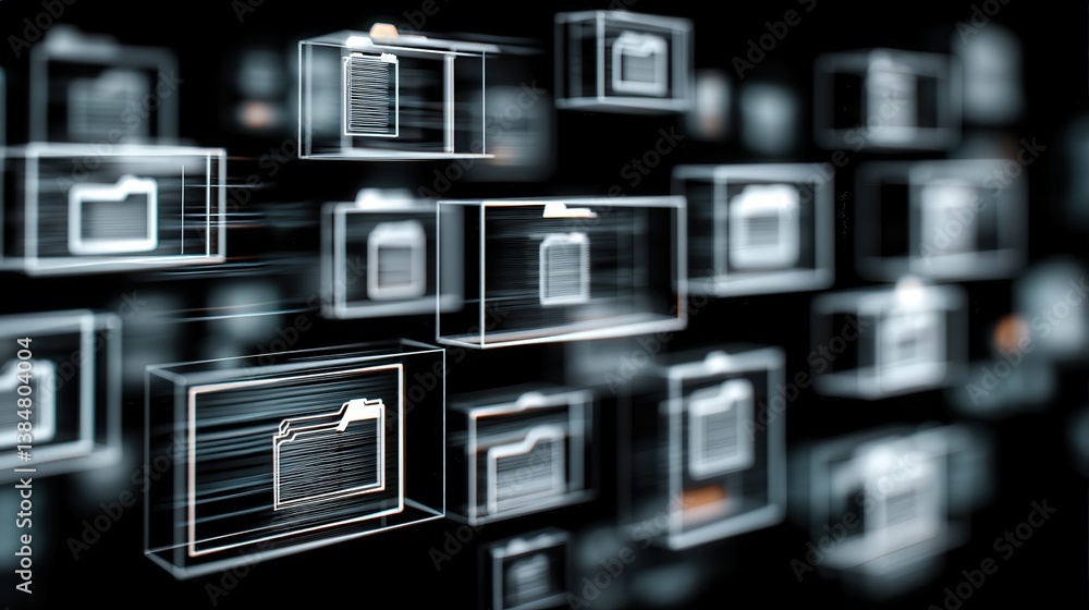 Poster abstract network grid with files and folders, futuristic software interface, digital document manage