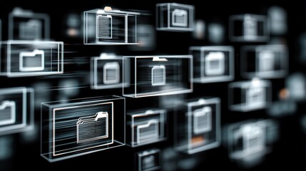 Abstract network grid with files and folders, futuristic software interface, digital document management system, store, search and organize documents, corporate business, paperless office	