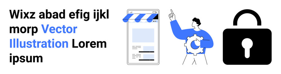 User pointing at a mobile storefront beside a security lock visual. Ideal for cybersecurity, e-commerce, technology, online shopping, mobile apps, user experience, simple landing page