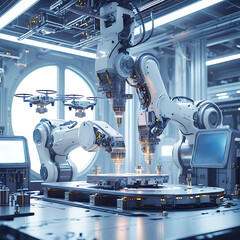 Advanced Robotic Arms and Drones in High-Tech Automated Manufacturing Facility