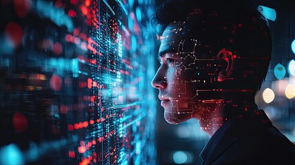 Man merged with technology gazing at futuristic digital display